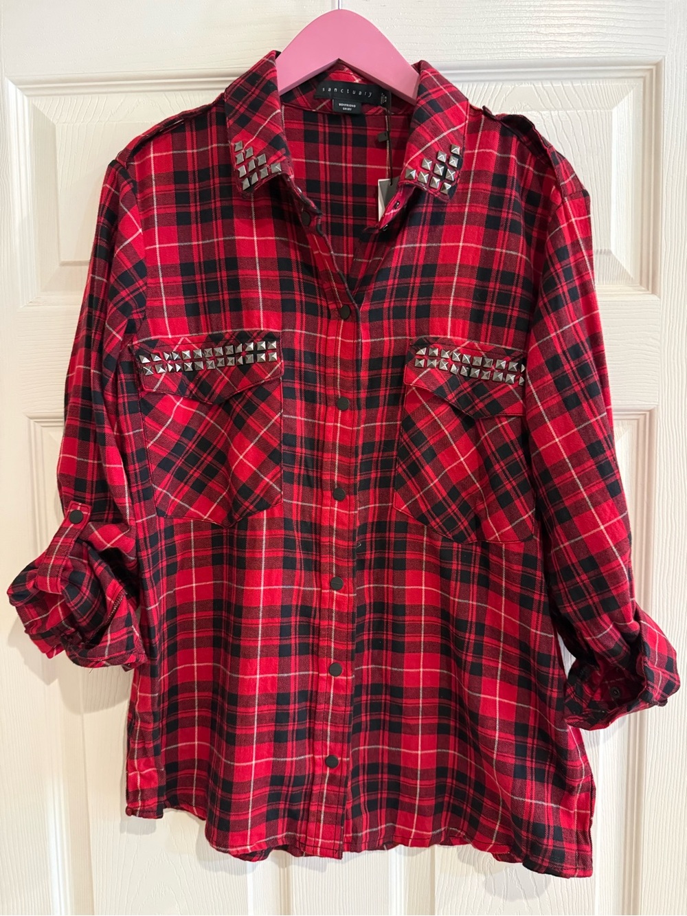 Sanctuary Red and Black Plaid Stud-Trim Button-Down Shirt